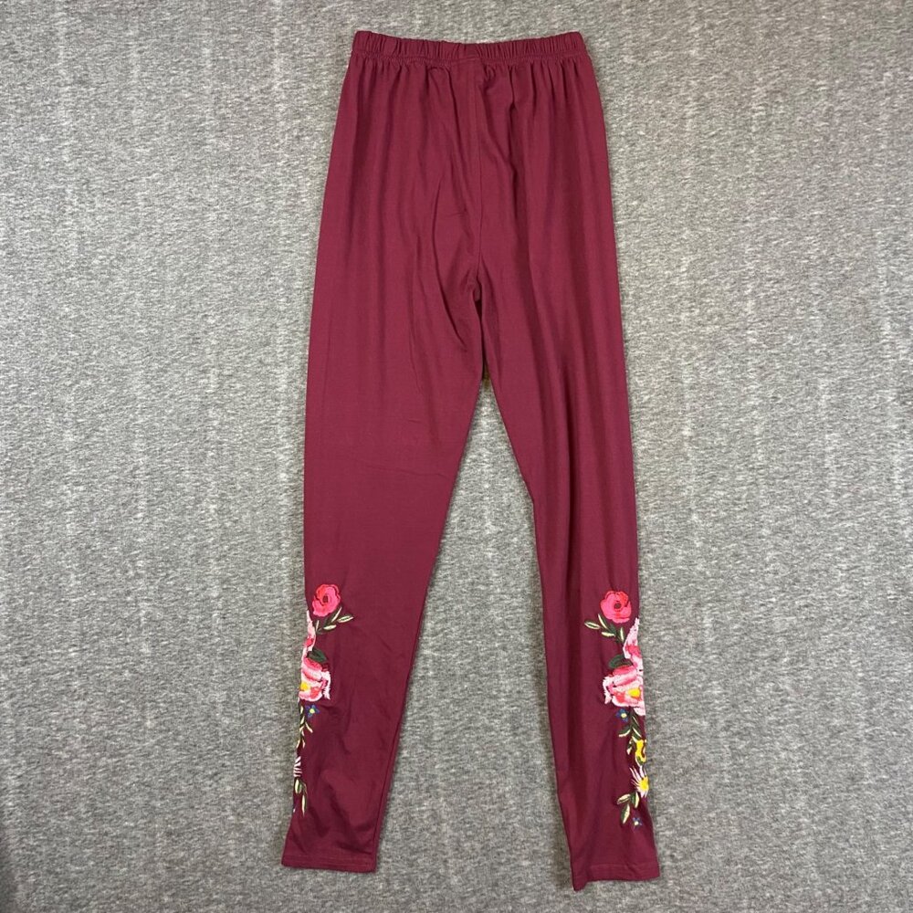 Agnes & Dora Burgundy Floral Embroidered Leggings S/M Small Medium Stretchy - Picture 6 of 6
